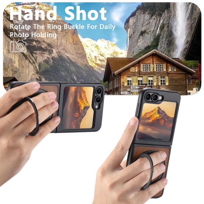 Suteni For Samsung Galaxy Z Flip5 G3 Oil Wax 360 Rotation Holder Magsafe Back Phone Case(Brown) - Image 3