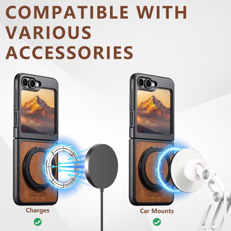 Suteni For Samsung Galaxy Z Flip5 G3 Oil Wax 360 Rotation Holder Magsafe Back Phone Case(Brown) - Image 2