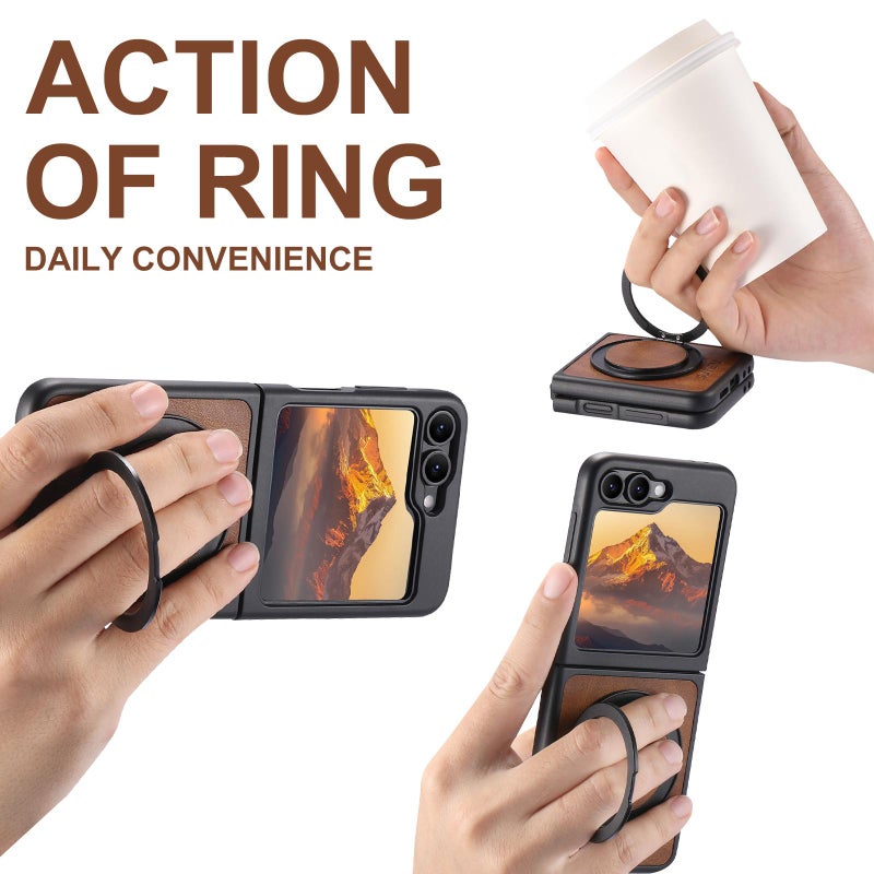 Suteni For Samsung Galaxy Z Flip5 G3 Oil Wax 360 Rotation Holder Magsafe Back Phone Case(Brown) - Image 4