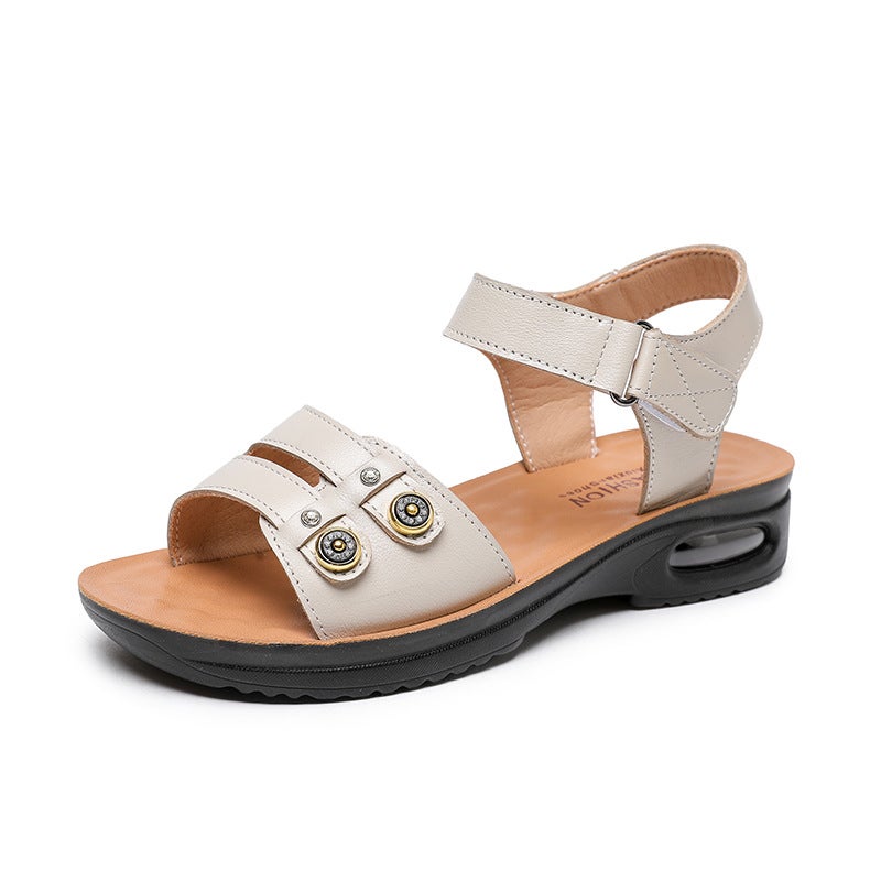 Summer Flat Sandals Soft Leather Anti-Slip for Mature Women Beige