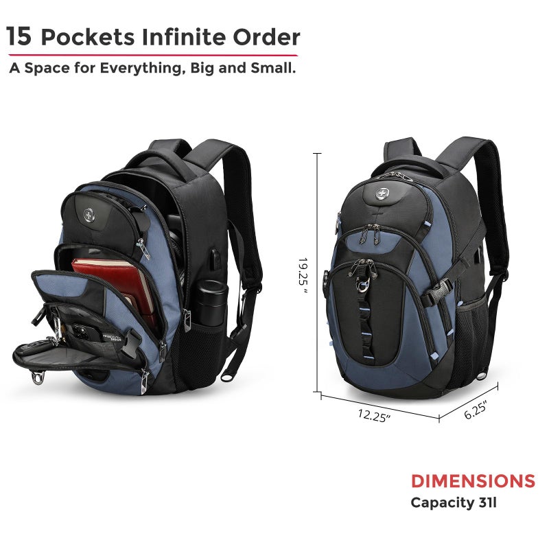 Swissdigital Design Laptop Backpack with USB Charging Port, Travel Backpack Fits 15.6 inches Computer, 31L College School Backpack for Men, Haze Blue/Black | SD803-16 - Image 5