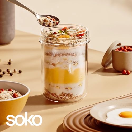 Soko Overnight Oats Glass Jar with Lid and Spoon | Portable Mason Oatmeal Container | On-The-Go Breakfast Cup | Large Kitchen Storage for Healthy Eating - Fruit, Milk, Salad, Nuts, Yogurt - Beige - Image 3