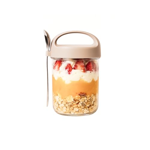Soko Overnight Oats Glass Jar with Lid and Spoon | Portable Mason Oatmeal Container | On-The-Go Breakfast Cup | Large Kitchen Storage for Healthy Eating - Fruit, Milk, Salad, Nuts, Yogurt - Beige - Image 1