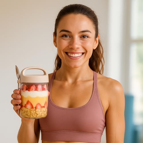 Soko Overnight Oats Glass Jar with Lid and Spoon | Portable Mason Oatmeal Container | On-The-Go Breakfast Cup | Large Kitchen Storage for Healthy Eating - Fruit, Milk, Salad, Nuts, Yogurt - Beige - Image 5