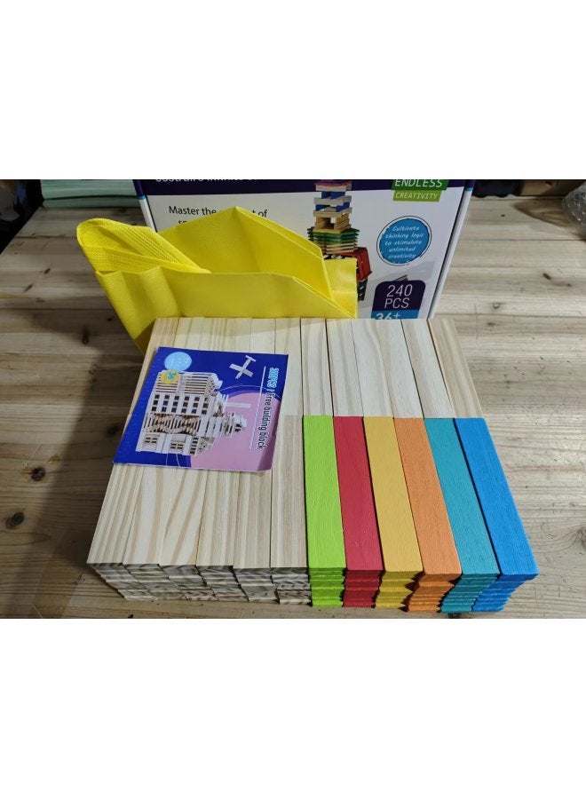 300p Colorful Wooden Building Blocks Logs Solid Wood Kindergarten Construction Wooden Toy Barreled Capule-Color:180p Original +60p Color (color Box + Storage Bag)-Specifications:Pine  - Image 1