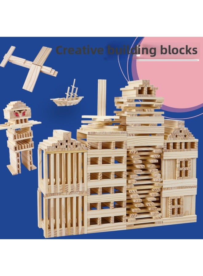 300p Colorful Wooden Building Blocks Logs Solid Wood Kindergarten Construction Wooden Toy Barreled Capule-Color:180p Original +60p Color (color Box + Storage Bag)-Specifications:Pine  - Image 2