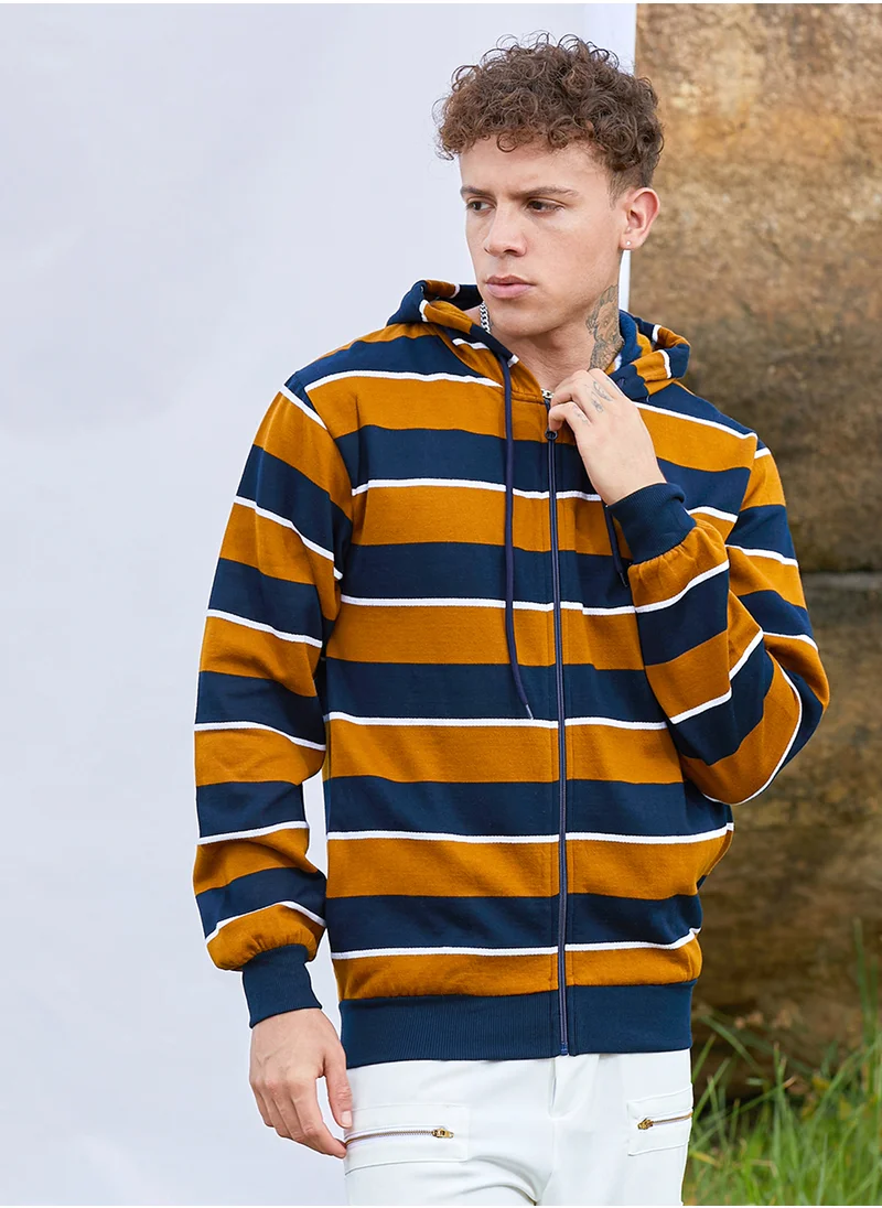 Campus Sutra Men's Black & Brown Horizontal Striped Zip-Front Hoodie
