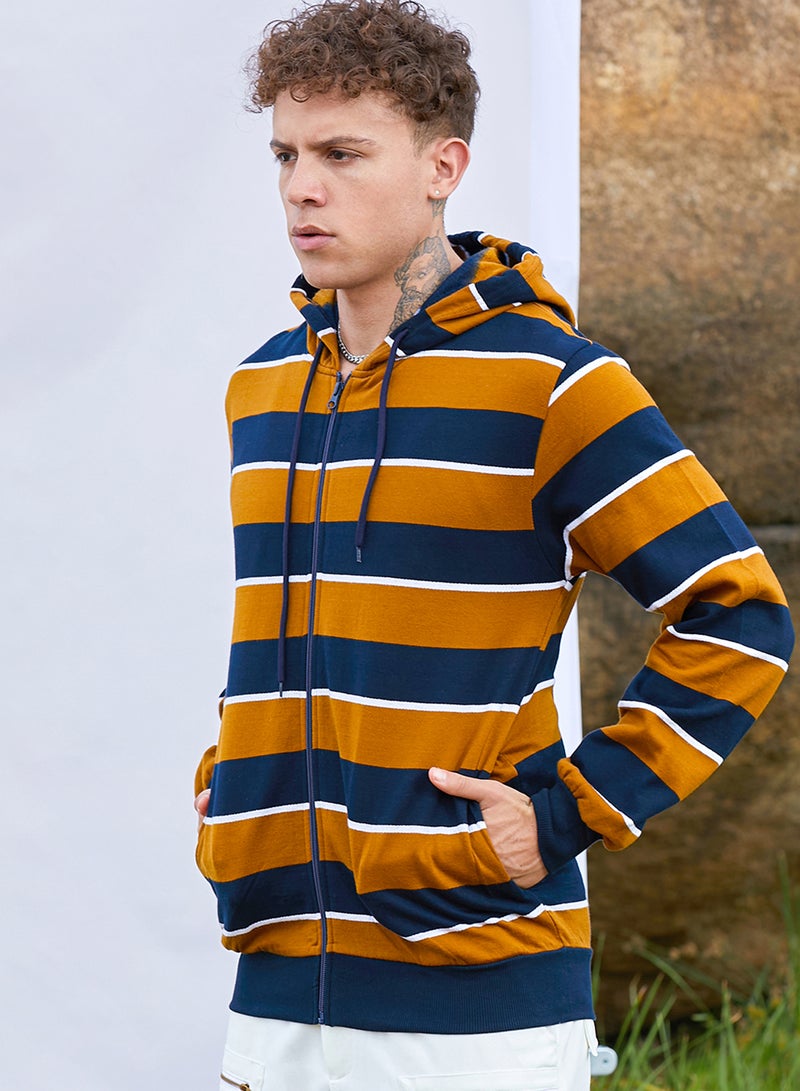 Campus Sutra Men's Black & Brown Horizontal Striped Zip-Front Hoodie  - Image 3