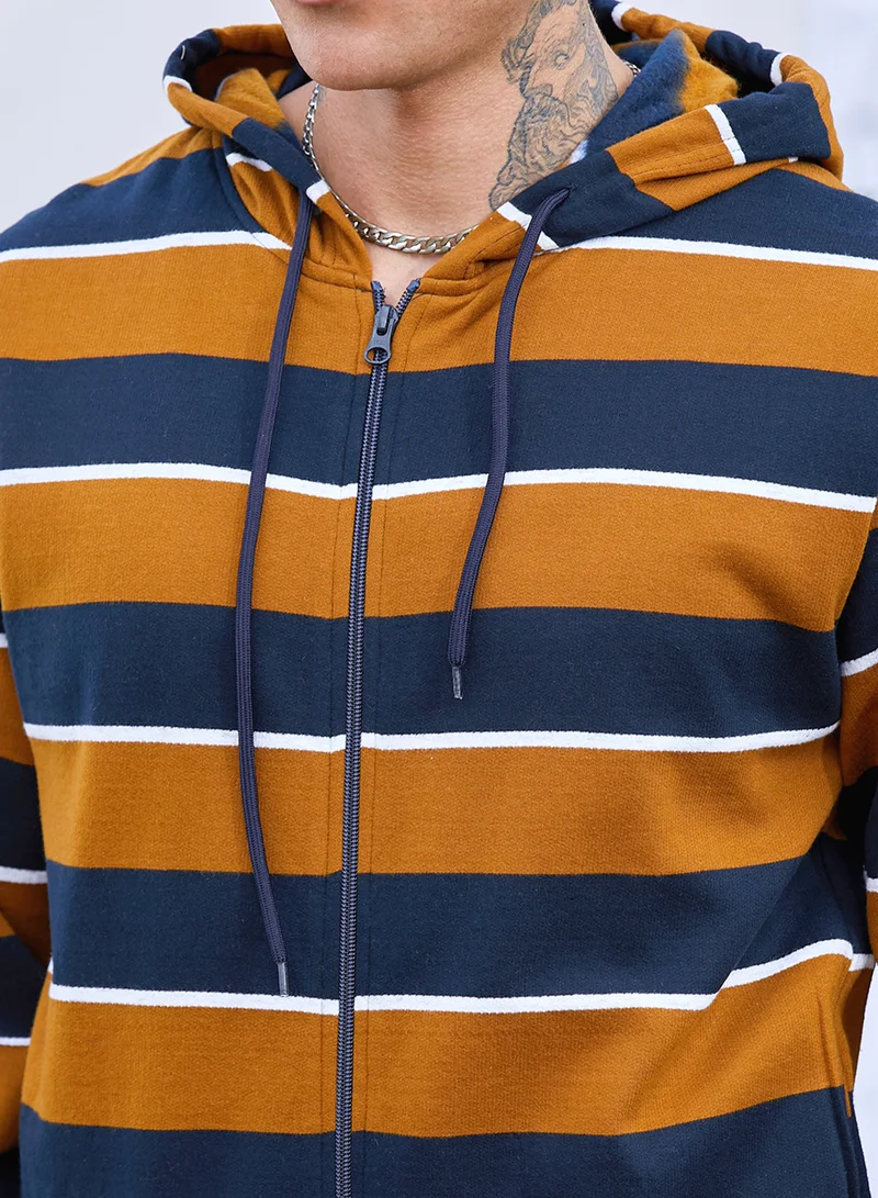 Campus Sutra Men's Black & Brown Horizontal Striped Zip-Front Hoodie