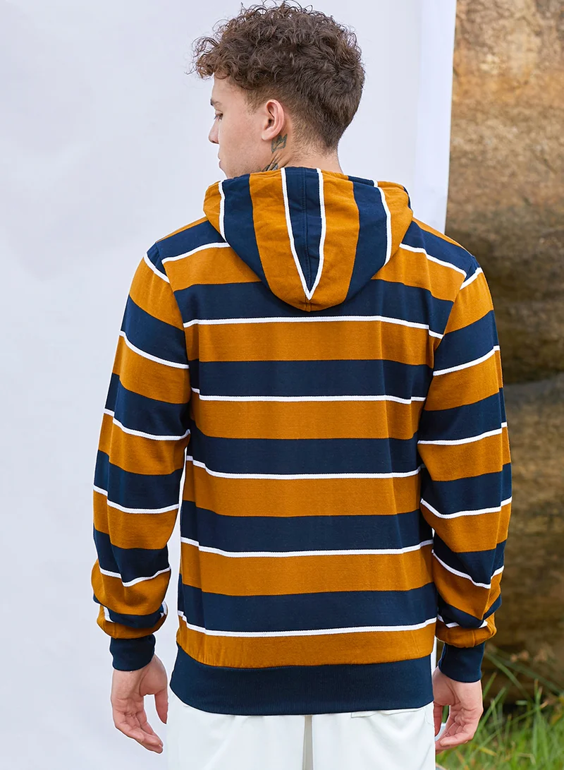 Campus Sutra Men's Black & Brown Horizontal Striped Zip-Front Hoodie