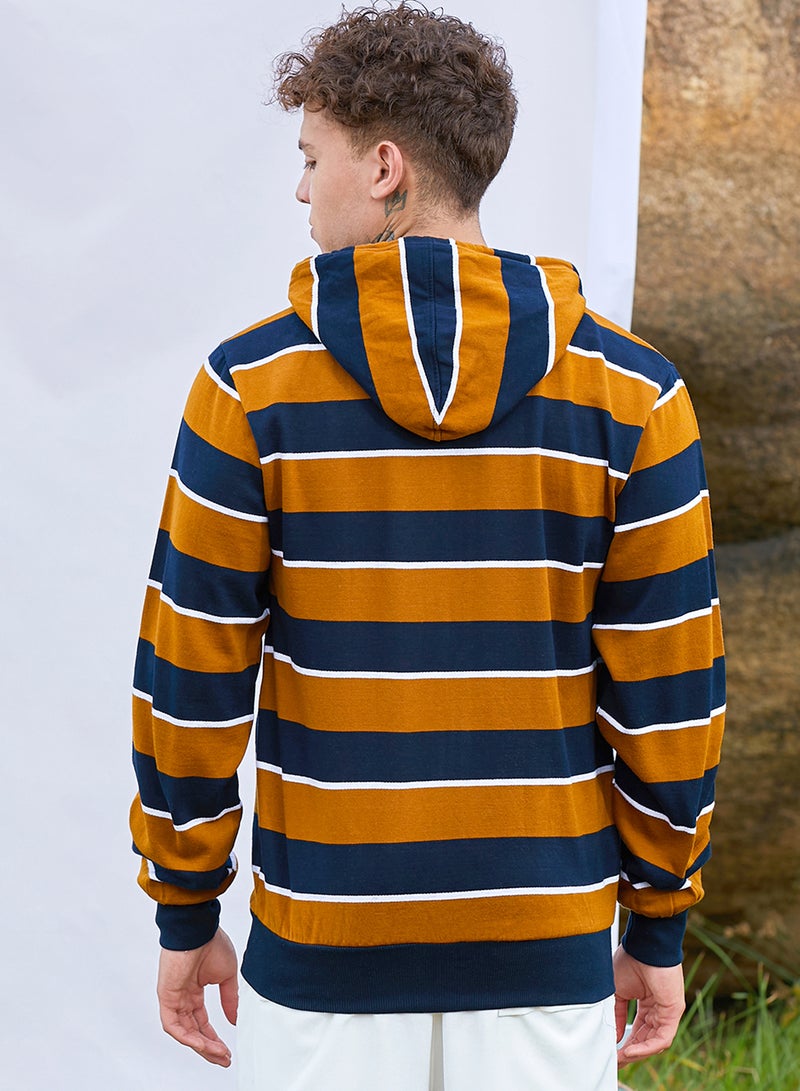 Campus Sutra Men's Black & Brown Horizontal Striped Zip-Front Hoodie  - Image 5