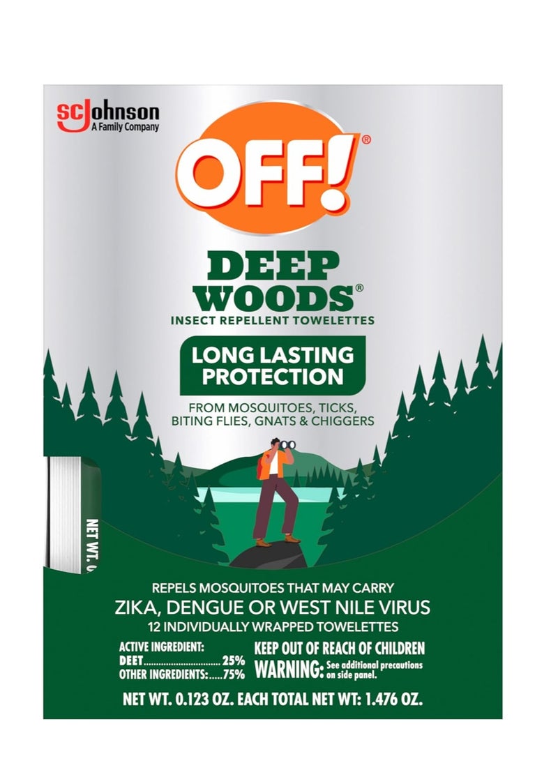 OFF! OFF! Deep Woods Mosquito and Insect Repellent Wipes, Long lasting, 12 Individually Wrapped Wipes  - Image 1