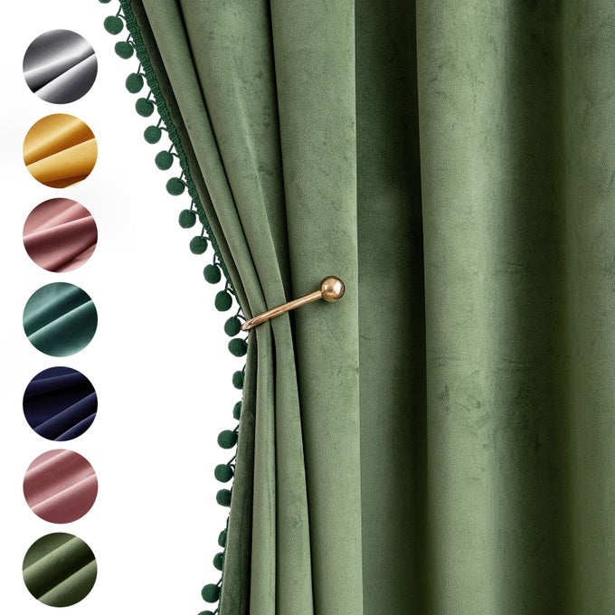 Olive Green Pom Pom Velvet Curtains for BedroomLiving Room Darkening Thermal Insulating 84 Inches Long Blackout Curtains with Rod Pocket for Girls RoomNurseryHome Theater Set of 2