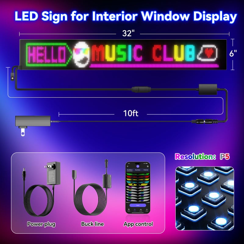 GOTUS Large Programmable LED Sign, P5 Resolution Indoor Store LED Sign, Bluetooth APP, for Business Retail Shop Window Display (32"x 6") - Image 3