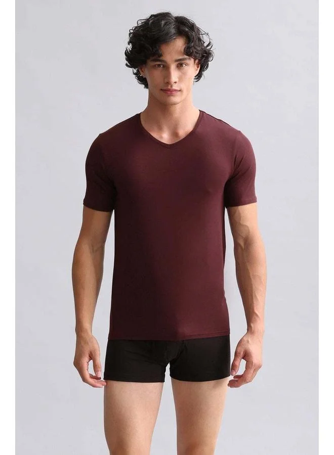 Aytuğ Mısırlı Modal by TENCEL HERCULES Slim Fit V-Neck Fanila / Burgundy T-Shirt.