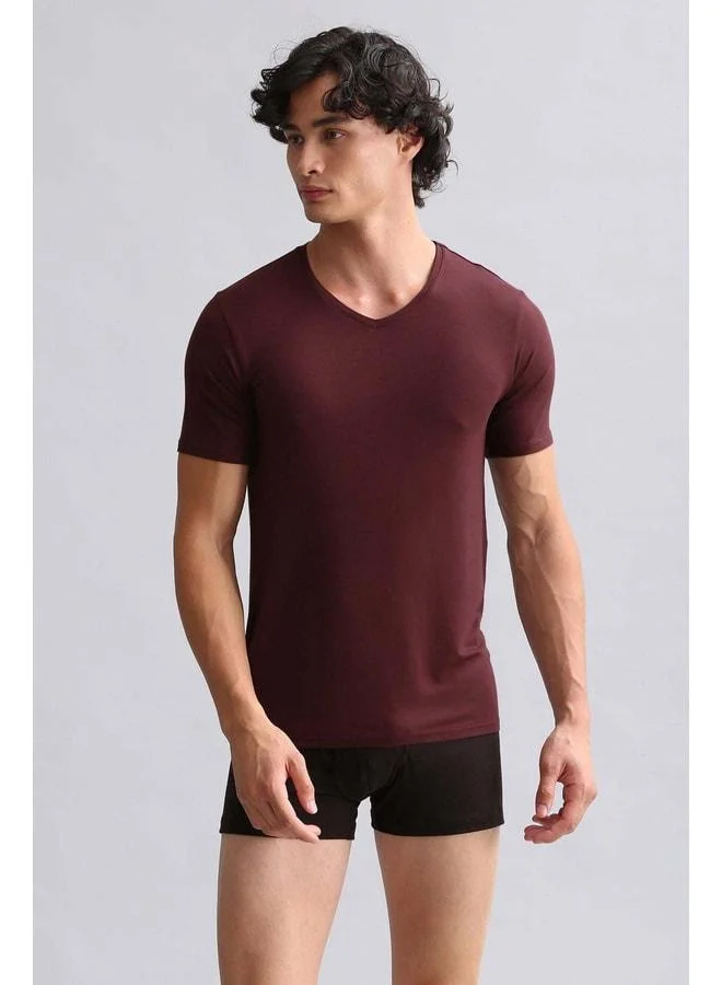 Aytuğ Mısırlı Modal by TENCEL HERCULES Slim Fit V-Neck Fanila / Burgundy T-Shirt.