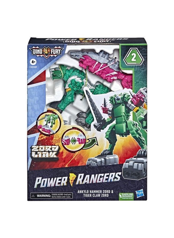 POWER RANGERS - Dino Fury Pink Ankylo Hammer And Green Tiger Claw Zord Toys For Kids Ages 4 And Up Zord Link Mixandmatch Custom Build System - Image 1