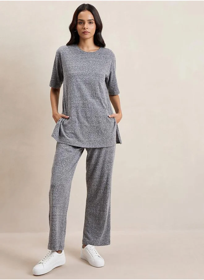 Femmella Melange Side Slit Longline Top & Pants Co-Ords by Styli