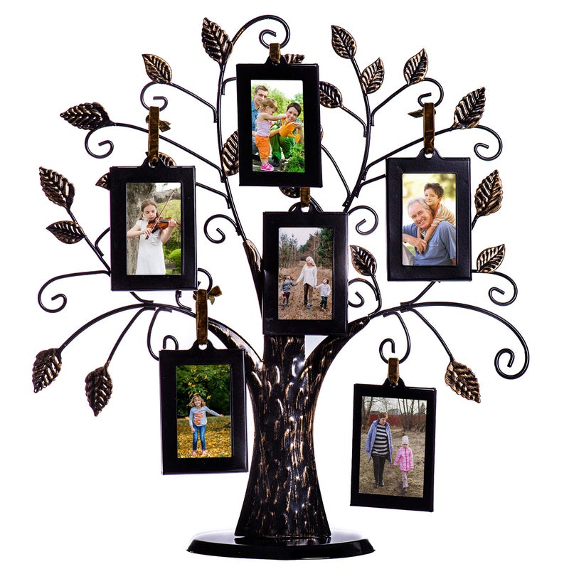 Klikel Klikel Family Tree Picture Frame Stand with 6 Hanging Photo Picture Frames  Medium Metal Tree 12 X 11  Holds 6 Ornamental 2x3 Frames 