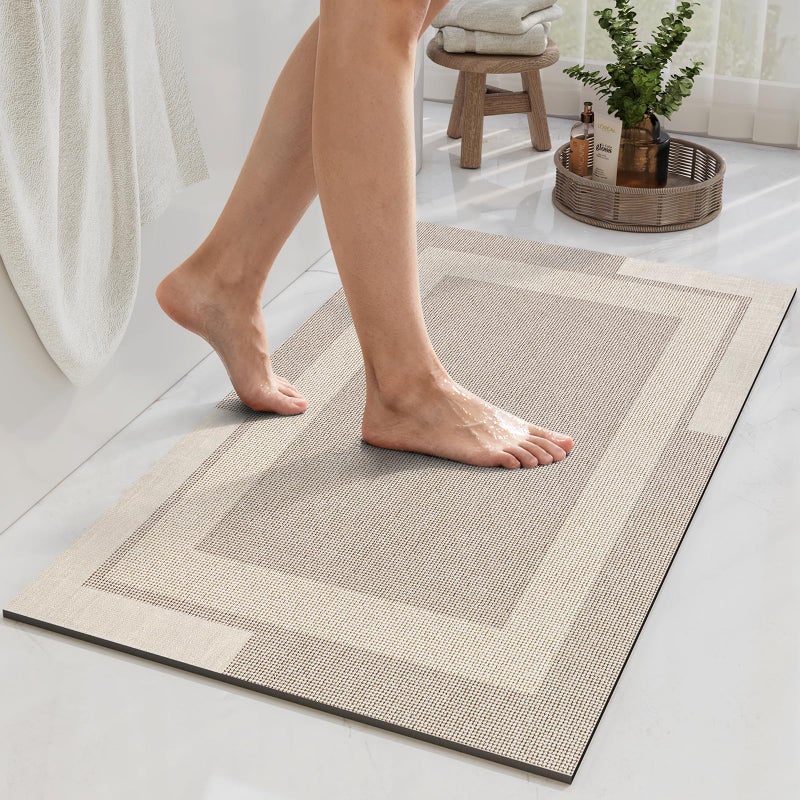 YDKGL Non Slip Bath Mat, Rubber Backing Ultra Thin Bathroom Rugs Fit Under Door Quick Dry Super Absorbent Washable Bath Rug Shower Mat for Bathroom Floor Bathtub Shower Sink, Easy Care Beige 16"x 24" - Image 1