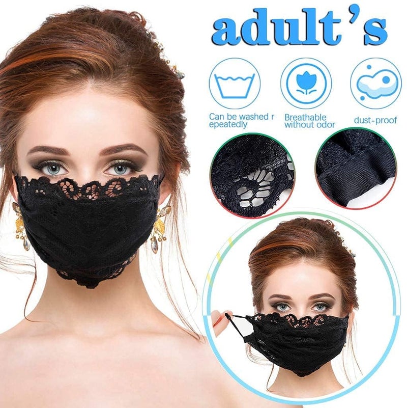 5 Pcs Women's Lace Face Masks with Flower Embroidery, Adjustable Earloops, Breathable 2-Layer Design for Daily Wear - Image 3