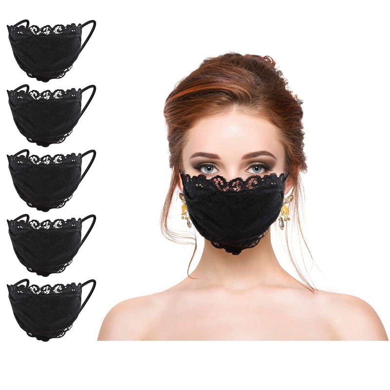 5 Pcs Women's Lace Face Masks with Flower Embroidery, Adjustable Earloops, Breathable 2-Layer Design for Daily Wear - Image 1