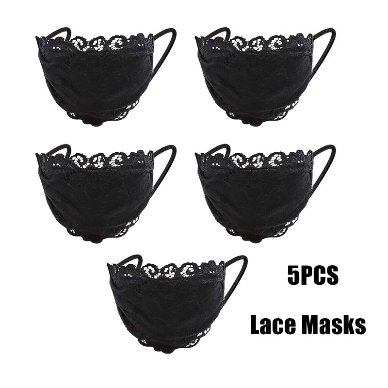 5 Pcs Women's Lace Face Masks with Flower Embroidery, Adjustable Earloops, Breathable 2-Layer Design for Daily Wear - Image 2