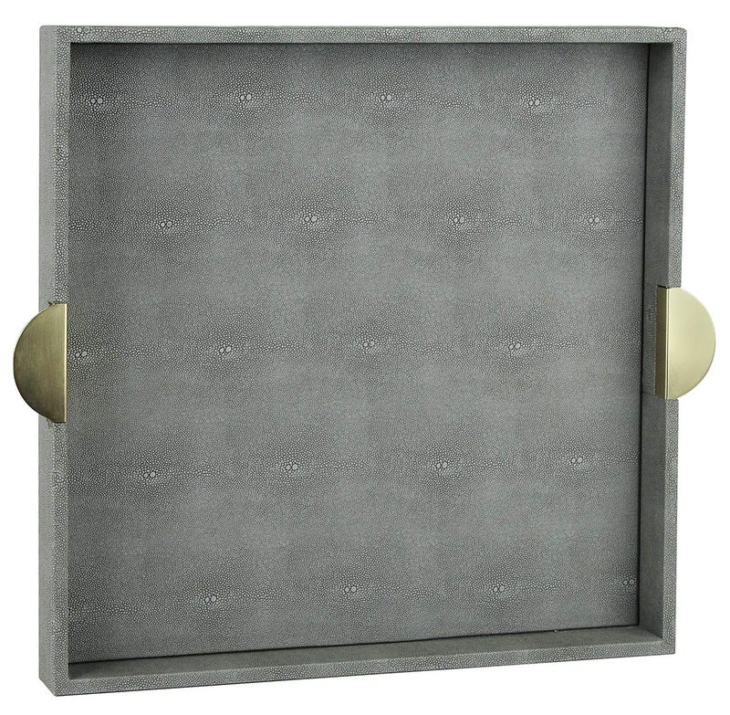 HofferRuffer Faux Leather Decorative Serving Tray Elegant Coffee Table Ottoman Tray Breakfast Drinks Liquor Serving Platter Dark Grey Shagreen Finish with Gold Hardware Handle Square