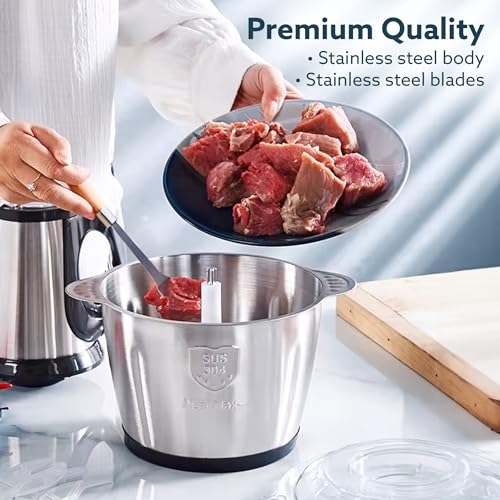 AGARO Delite Vegetable & Meat Chopper for Kitchen, Garlic Peeler, Egg Whisker, 2L Bowl, 400W Motor, 3 Speed Settings, Meat Grinder, Vegetable Mixer, Stainless Steel Body, Onion, Garlic, Fruits. - Image 5