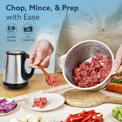 AGARO Delite Vegetable & Meat Chopper for Kitchen, Garlic Peeler, Egg Whisker, 2L Bowl, 400W Motor, 3 Speed Settings, Meat Grinder, Vegetable Mixer, Stainless Steel Body, Onion, Garlic, Fruits. - Image 2