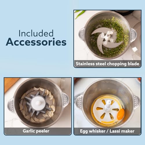 AGARO Delite Vegetable & Meat Chopper for Kitchen, Garlic Peeler, Egg Whisker, 2L Bowl, 400W Motor, 3 Speed Settings, Meat Grinder, Vegetable Mixer, Stainless Steel Body, Onion, Garlic, Fruits. - Image 4