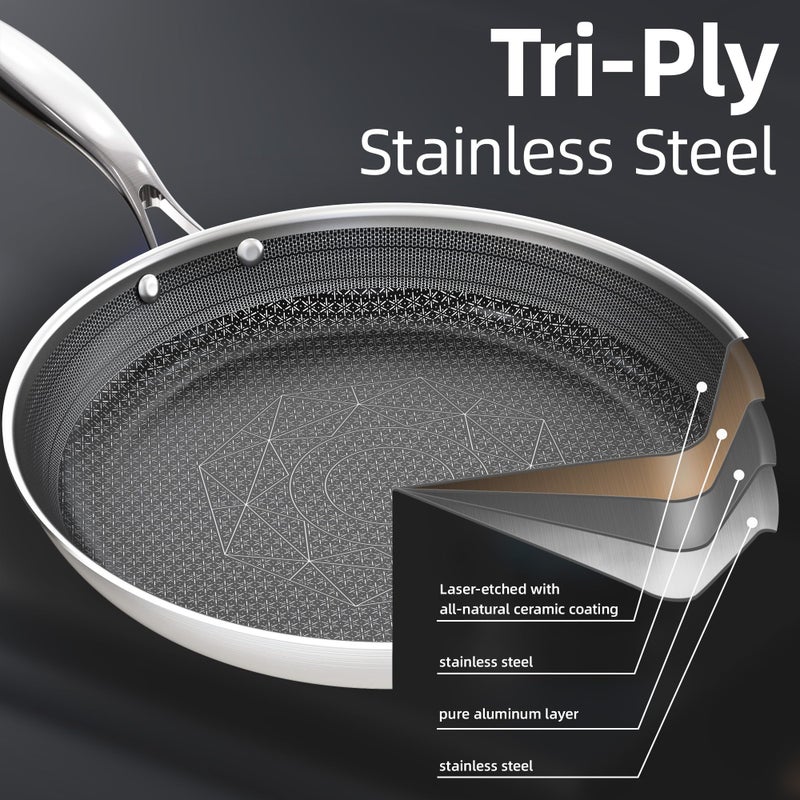 COOKER KING 12-Inch Stainless Steel Pan, Hybrid Nonstick Frying Pan, Skillet, 3-Ply Clad Cookware, Even Heat Distribution, Dishwasher & Oven Safe, with Stay-Cool Handle, Induction Compatible - Image 4