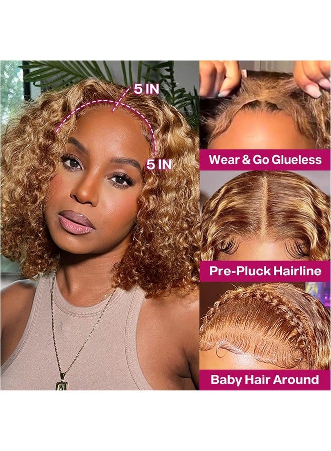 Ailwelia Highlight Ombre Curly Bob Wig Glueless Pre Plucked 4/27 5x5 Hd Lace Wear And Go Closure Bob Wigs For Black Women Honey Blonde Short Deep Wave Bob Wig Glueless 200% Density 14 Inch - Image 2