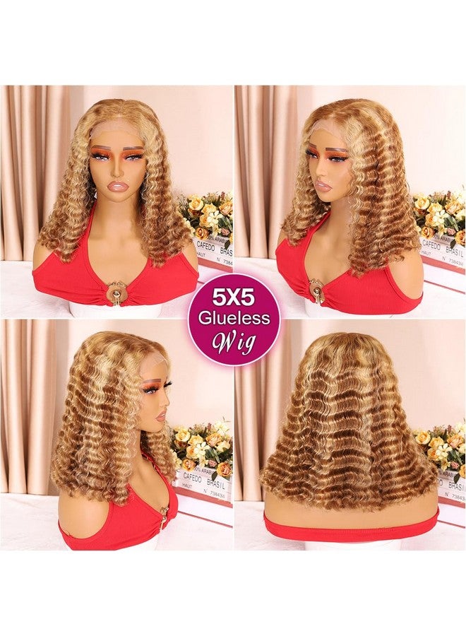 Ailwelia Highlight Ombre Curly Bob Wig Glueless Pre Plucked 4/27 5x5 Hd Lace Wear And Go Closure Bob Wigs For Black Women Honey Blonde Short Deep Wave Bob Wig Glueless 200% Density 14 Inch - Image 5