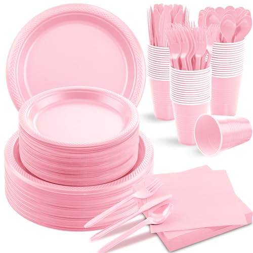 LUODA MirthMood 350pcs Pink Party Supplies Set, Disposable Plates Including Pink Plastic Plates, 12OZ Cups, Plastic Cutlery and Paper Napkins Serve 50 Guests for Wedding & Birthday & Party - Image 1