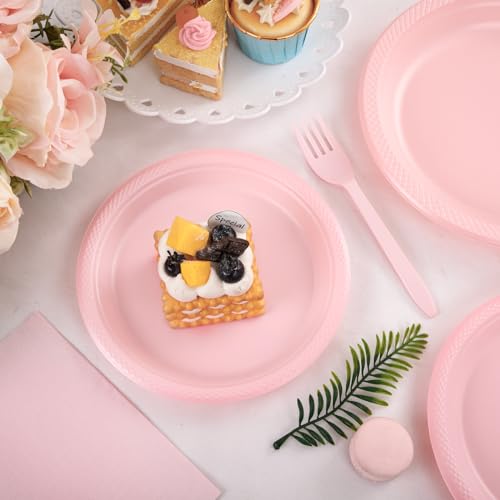 LUODA MirthMood 350pcs Pink Party Supplies Set, Disposable Plates Including Pink Plastic Plates, 12OZ Cups, Plastic Cutlery and Paper Napkins Serve 50 Guests for Wedding & Birthday & Party - Image 2