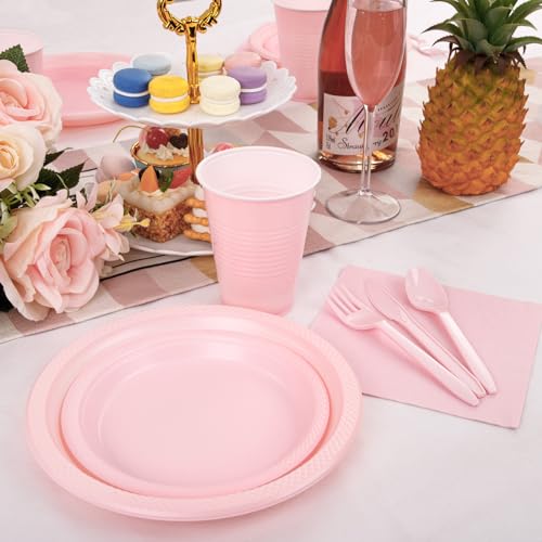LUODA MirthMood 350pcs Pink Party Supplies Set, Disposable Plates Including Pink Plastic Plates, 12OZ Cups, Plastic Cutlery and Paper Napkins Serve 50 Guests for Wedding & Birthday & Party - Image 4