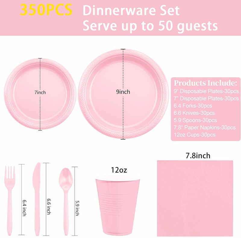 LUODA MirthMood 350pcs Pink Party Supplies Set, Disposable Plates Including Pink Plastic Plates, 12OZ Cups, Plastic Cutlery and Paper Napkins Serve 50 Guests for Wedding & Birthday & Party - Image 3
