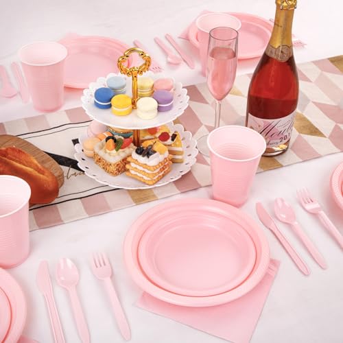 LUODA MirthMood 350pcs Pink Party Supplies Set, Disposable Plates Including Pink Plastic Plates, 12OZ Cups, Plastic Cutlery and Paper Napkins Serve 50 Guests for Wedding & Birthday & Party - Image 5
