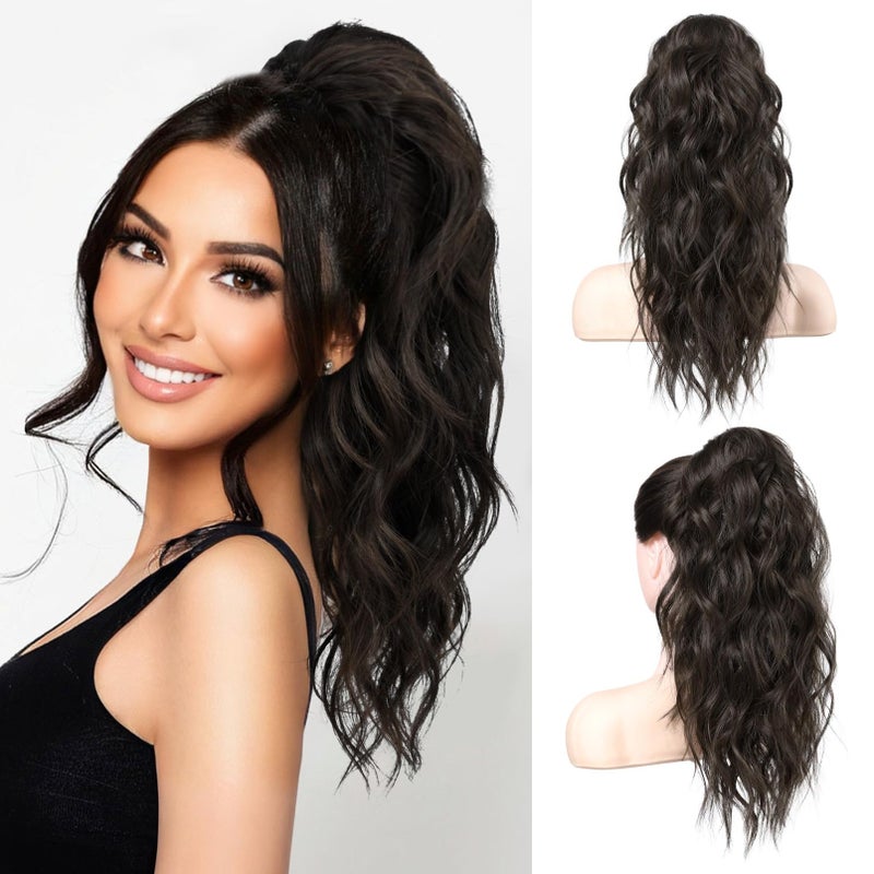 LONAI Ponytail Extension, 18" Wavy Claw Clip Ponytail Extensions ZJ001 Shoulder Length Curly Wavy Claw Clip in Ponytail Hairpiece Synthetic Fake Pony tails Hairpieces-Black Brown - Image 1