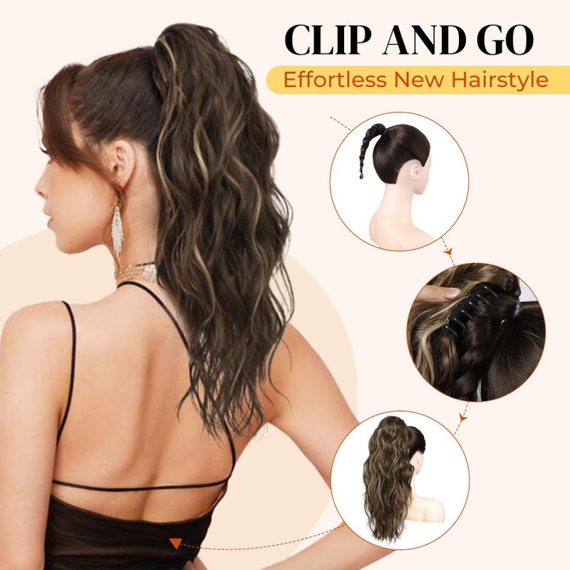 LONAI Ponytail Extension, 18" Wavy Claw Clip Ponytail Extensions ZJ001 Shoulder Length Curly Wavy Claw Clip in Ponytail Hairpiece Synthetic Fake Pony tails Hairpieces-Black Brown - Image 5