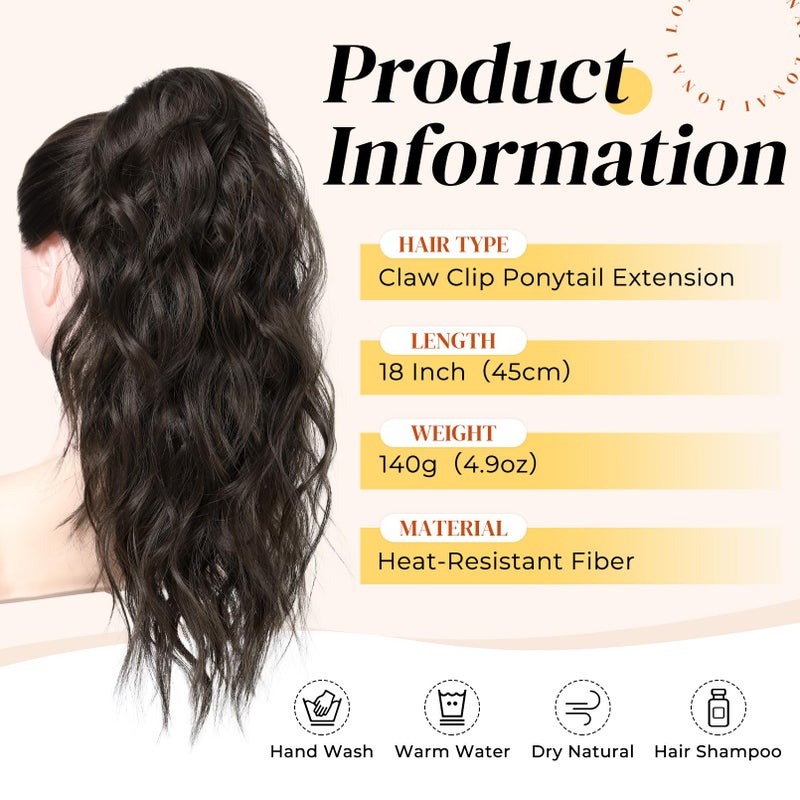 LONAI Ponytail Extension, 18" Wavy Claw Clip Ponytail Extensions ZJ001 Shoulder Length Curly Wavy Claw Clip in Ponytail Hairpiece Synthetic Fake Pony tails Hairpieces-Black Brown - Image 2