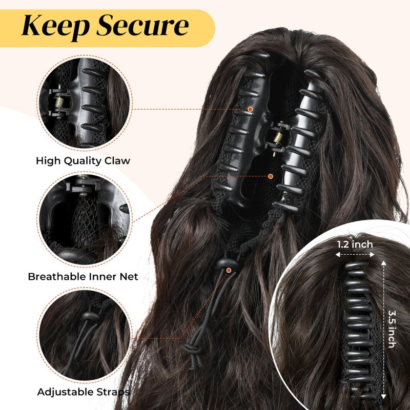 LONAI Ponytail Extension, 18" Wavy Claw Clip Ponytail Extensions ZJ001 Shoulder Length Curly Wavy Claw Clip in Ponytail Hairpiece Synthetic Fake Pony tails Hairpieces-Black Brown - Image 3