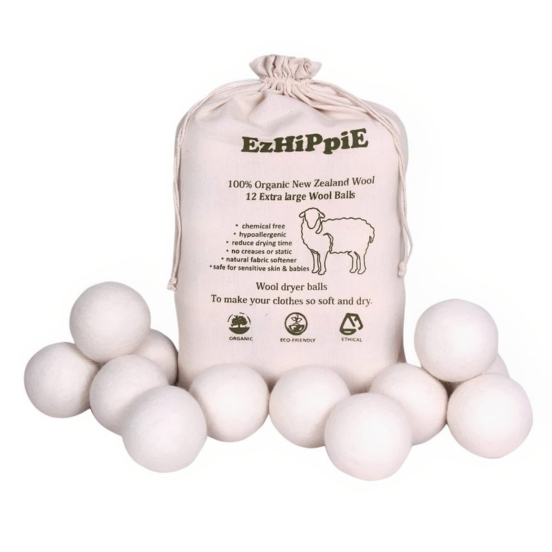 Quality Wool Dryer Balls 12 XL Pack 1000 Loads Pure Organic Wool Reusable Natural Fabric Softener Perfect with Essential Oils Reduce Clothing Static and Wrinkles