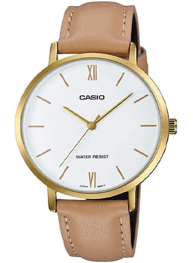 Casio LTP-VT01GL-7BUDF Leather Silver Dial Contrast Markers Round Analog Watch for Women - Camel - Image 1