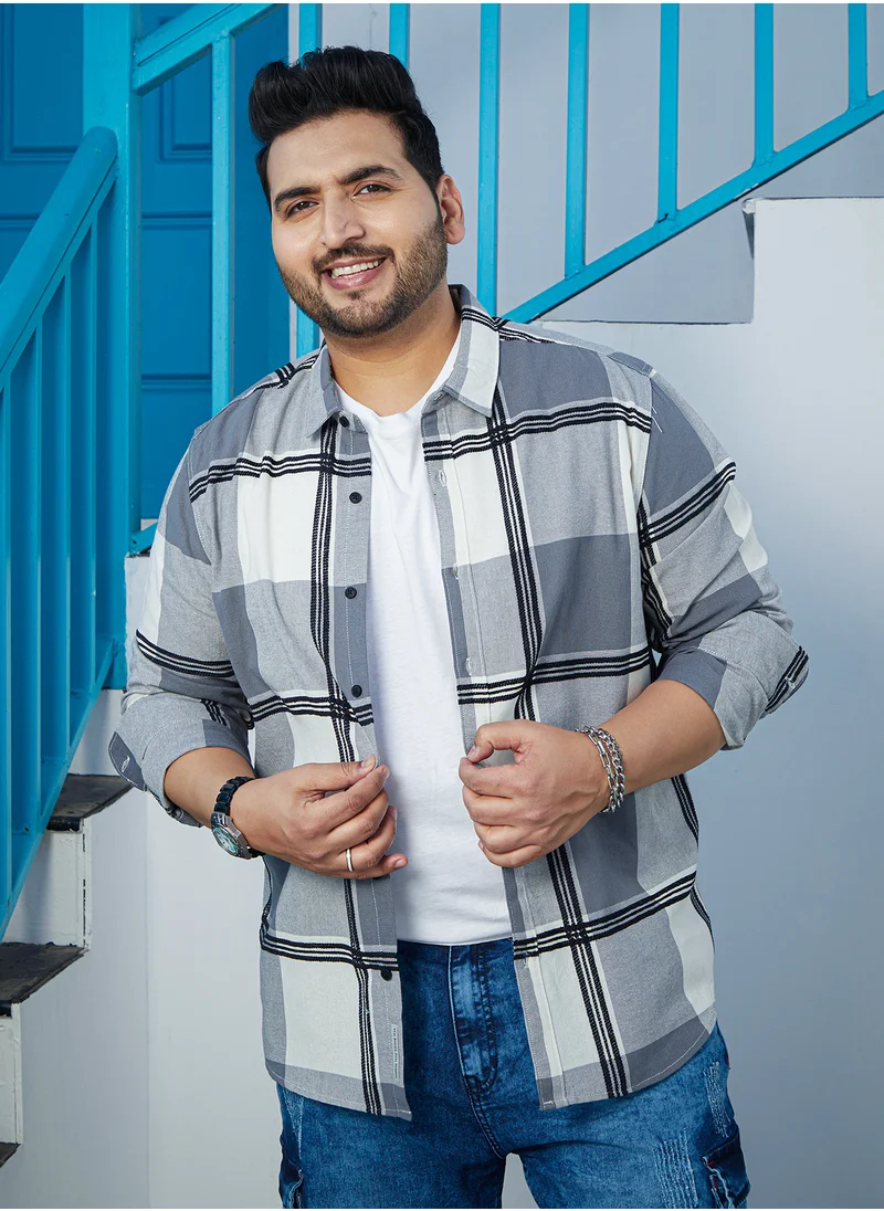 Instafab Plus Instafab Plus Men's Coin Grey Overlap Buffalo Shirt For Casual Wear | Spread Collar | Long Cuffed Sleeves | Button Closure | Plus Size Shirt Crafted With Comfort Fit For Everyday Wear