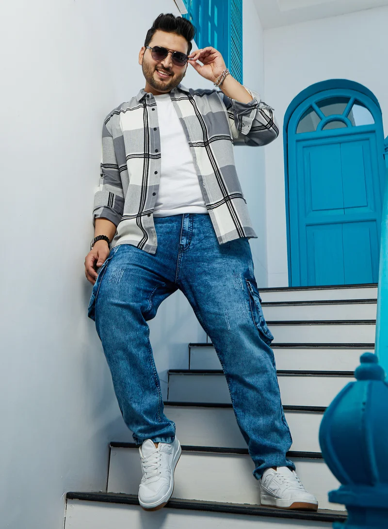 Instafab Plus Instafab Plus Men's Coin Grey Overlap Buffalo Shirt For Casual Wear | Spread Collar | Long Cuffed Sleeves | Button Closure | Plus Size Shirt Crafted With Comfort Fit For Everyday Wear