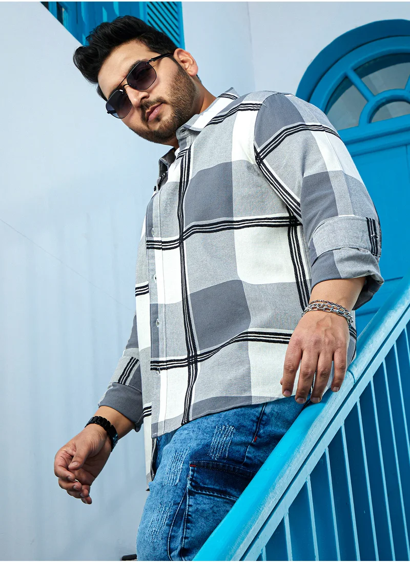 Instafab Plus Instafab Plus Men's Coin Grey Overlap Buffalo Shirt For Casual Wear | Spread Collar | Long Cuffed Sleeves | Button Closure | Plus Size Shirt Crafted With Comfort Fit For Everyday Wear
