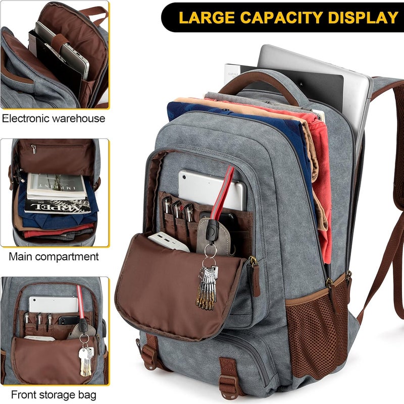 Tzowla Canvas Laptop Travel Backpack, Bag for Men Women, School Rucksack Fits 15.6-17.3"Laptop/Computer, Carry on Bookbag with USB Charging Port - Image 3