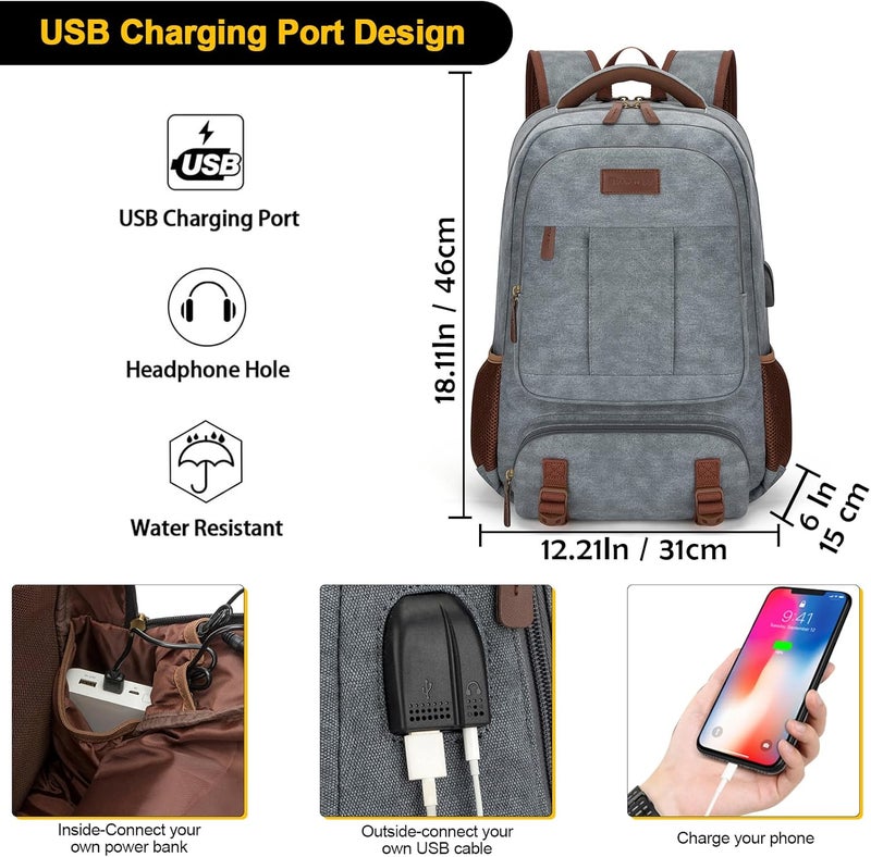 Tzowla Canvas Laptop Travel Backpack, Bag for Men Women, School Rucksack Fits 15.6-17.3"Laptop/Computer, Carry on Bookbag with USB Charging Port - Image 2